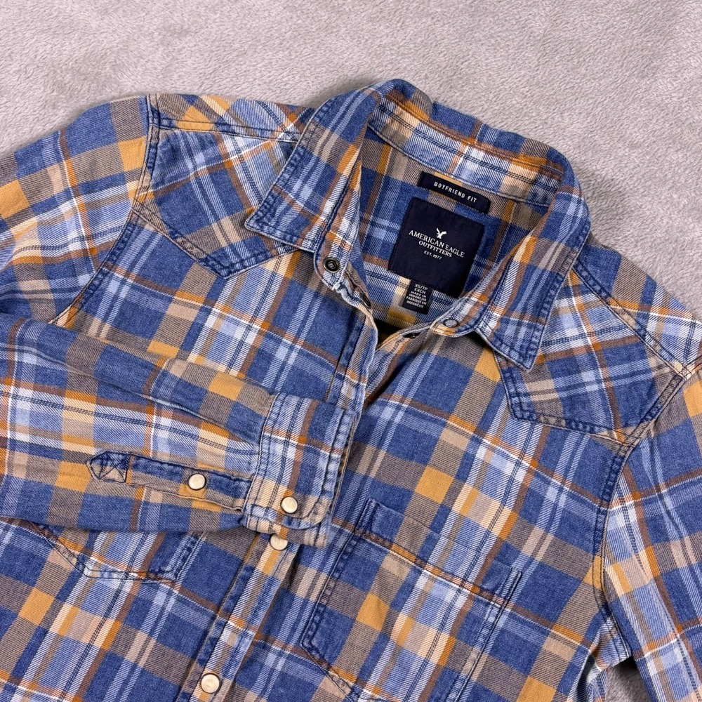 American Eagle Blue Yellow Plaid Flannel Boyfriend Fit Snap Front Shirt XS